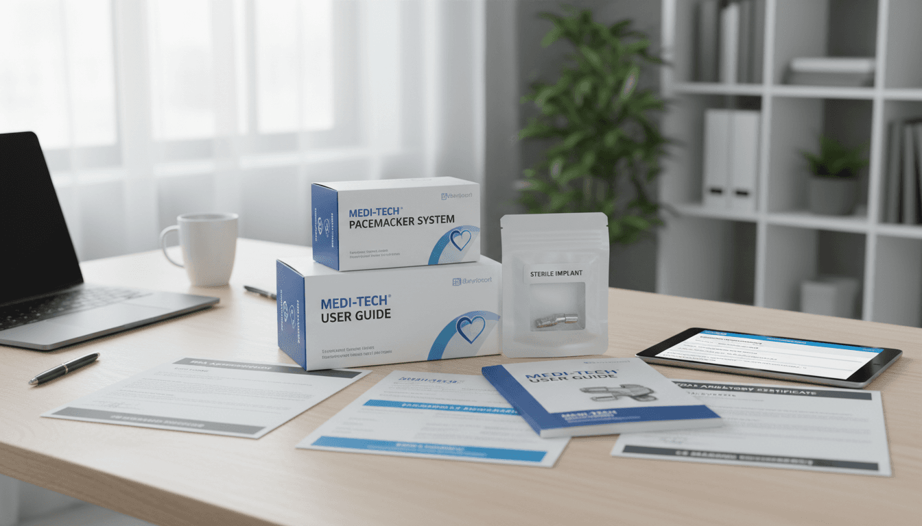 Medical device registration documents and product packaging arranged on a clean office desk