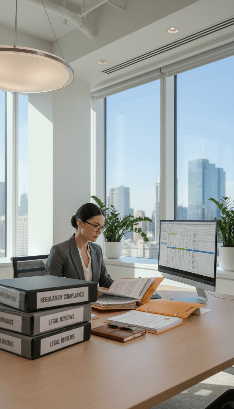 Professional consultant reviewing regulatory documents in modern bright office