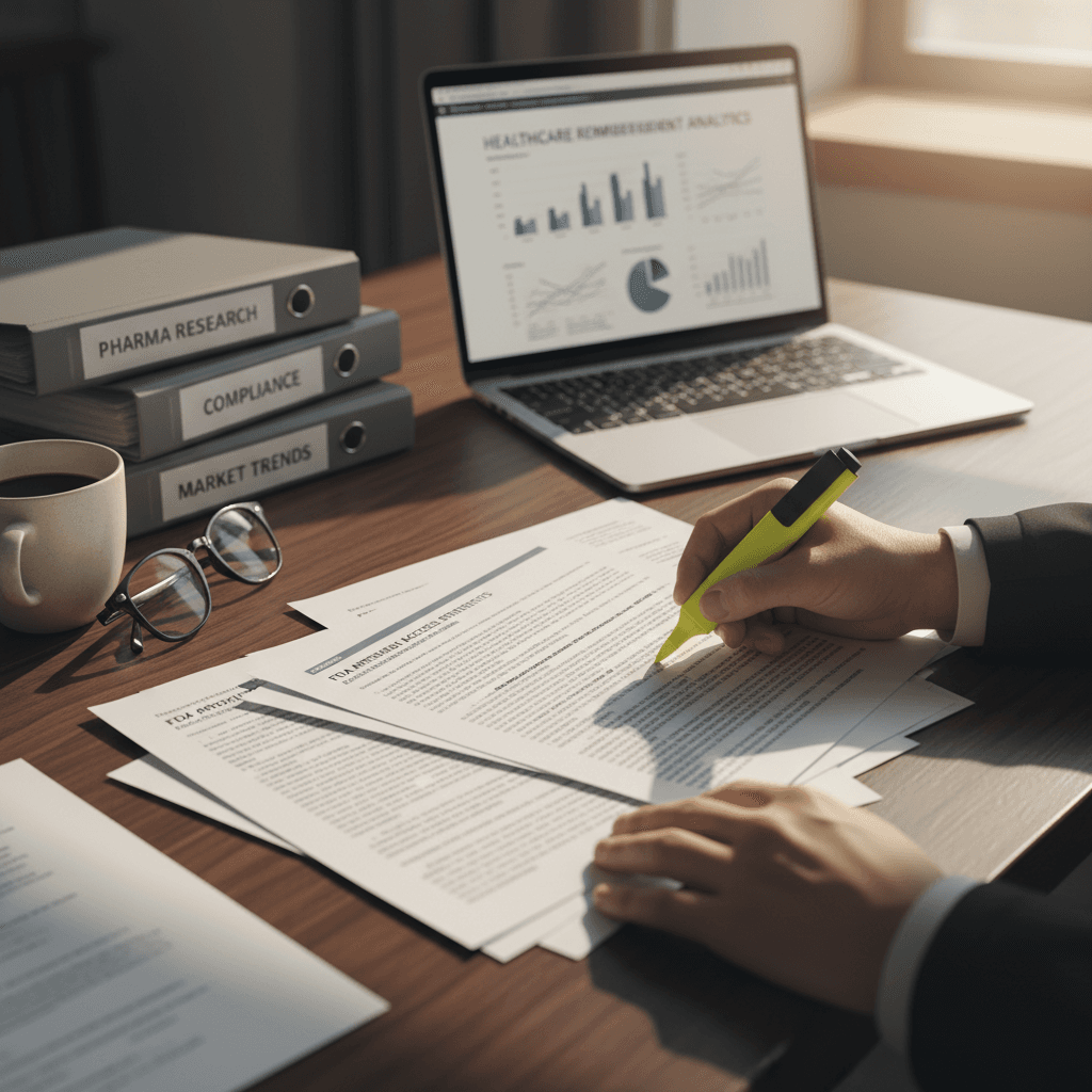 Professional consultant reviewing regulatory documents at an office desk
