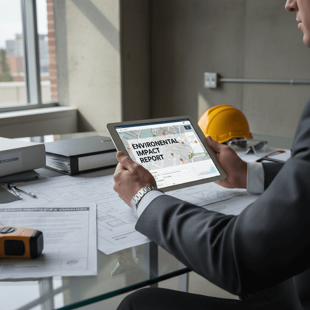 Professional reviewing regulatory documents with medical device reports in an office
