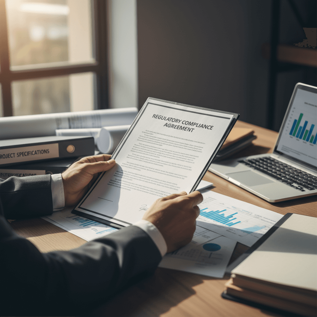 Professional consultant in a modern office reviewing regulatory documents