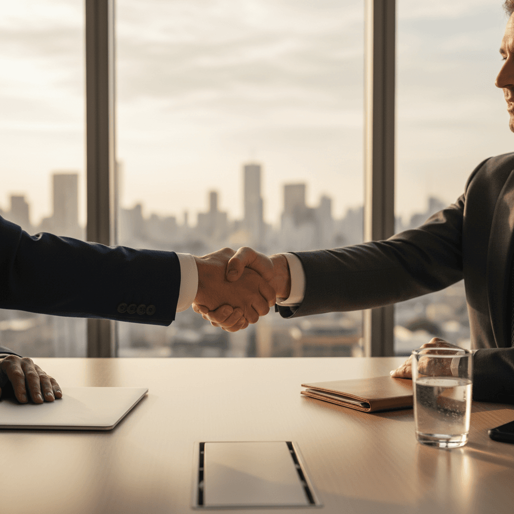Business professionals shaking hands in a modern office with global market theme
