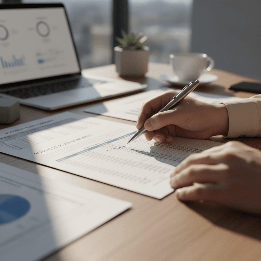 Professional consultant reviewing regulatory documents in a bright modern office